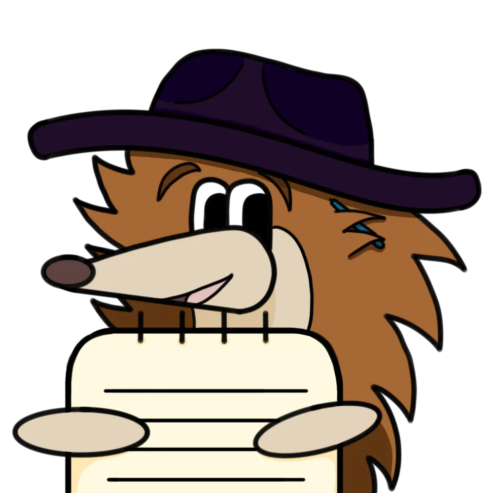 Hedgehog mascot in a hat holding a notepad